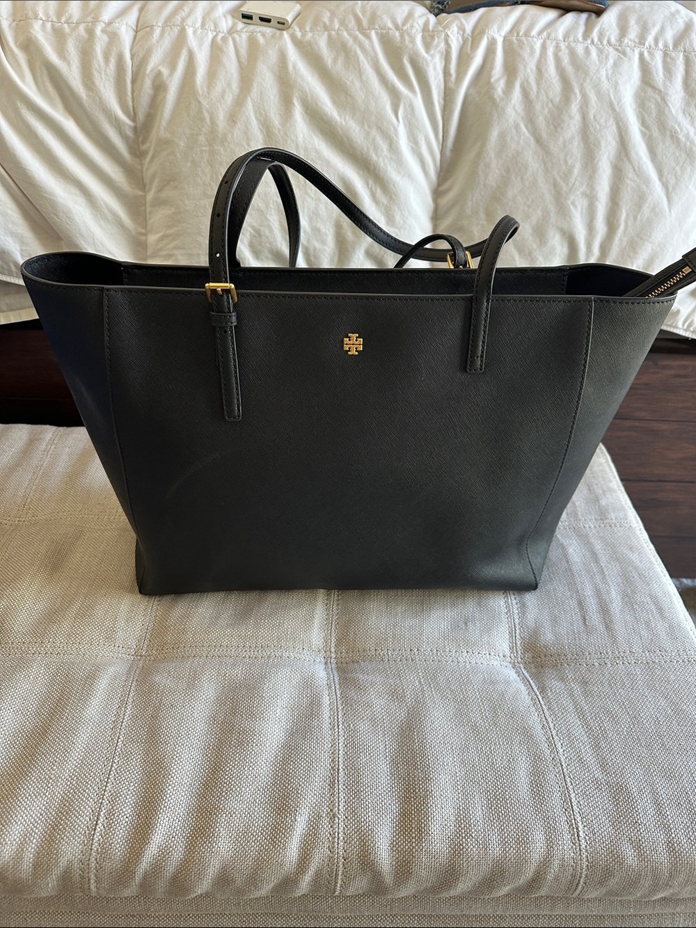 Tory Burch Black Leather Logo Tote with Gold Hardware